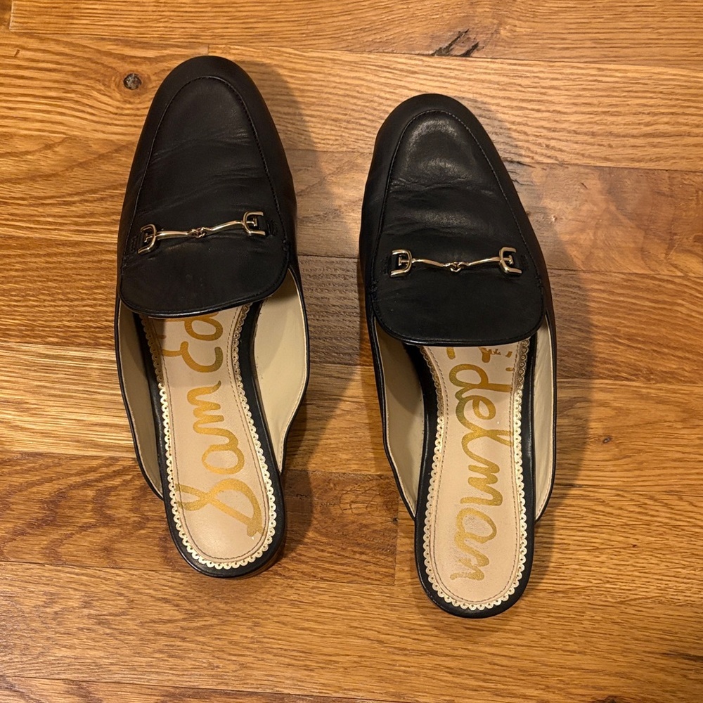 Sam Edelman Black Leather Mules with Gold Accent
